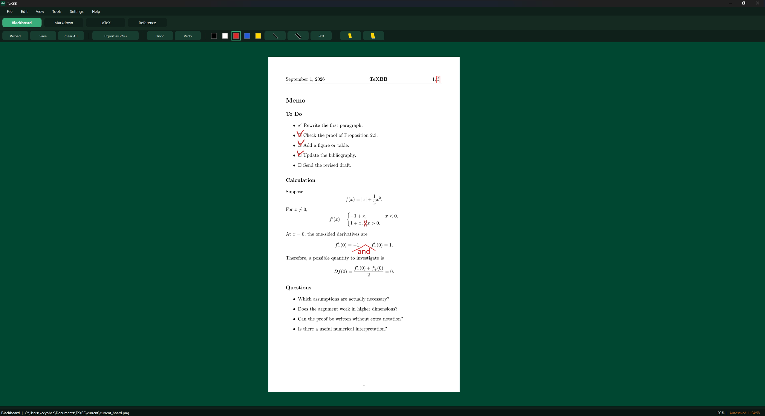 TeXBB drawing mode with annotations on a document