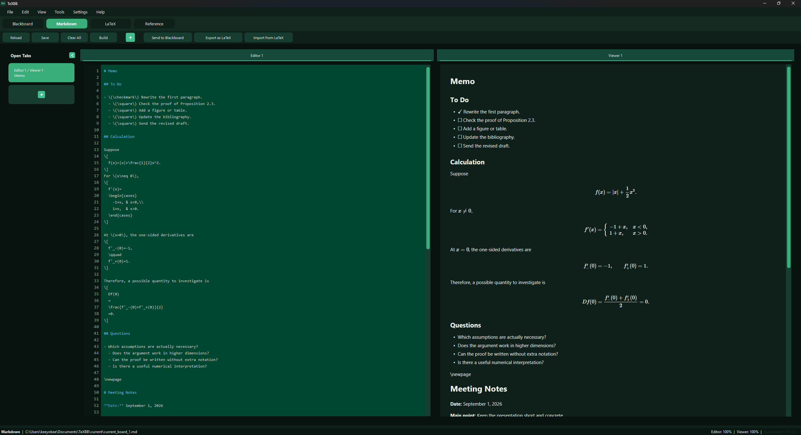 TeXBB Markdown editor and rendered preview