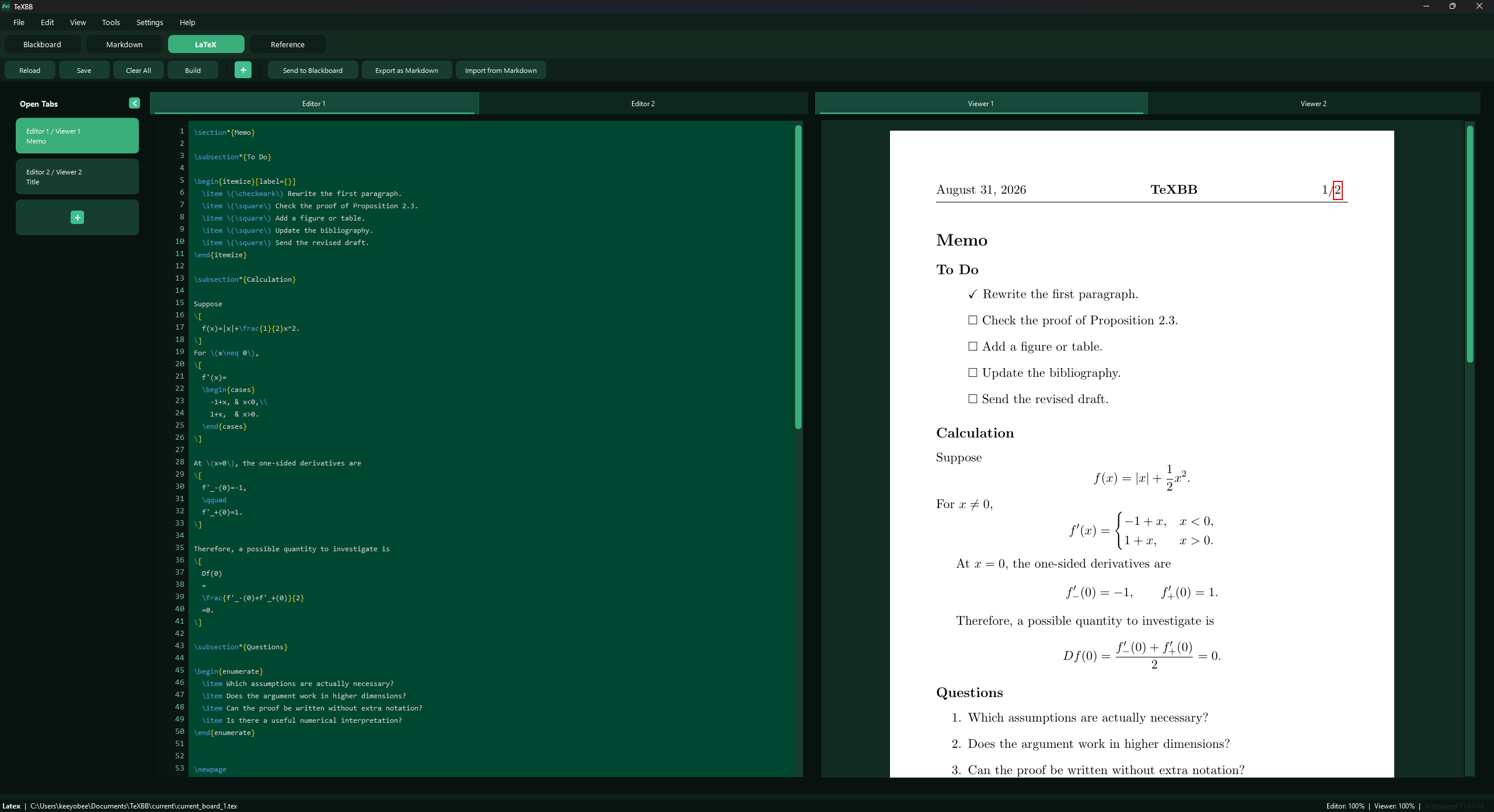 TeXBB LaTeX editor and compiled PDF viewer